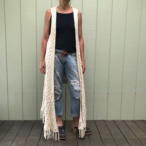Long Cotton Knit Sweater Vest, Cream, M/L